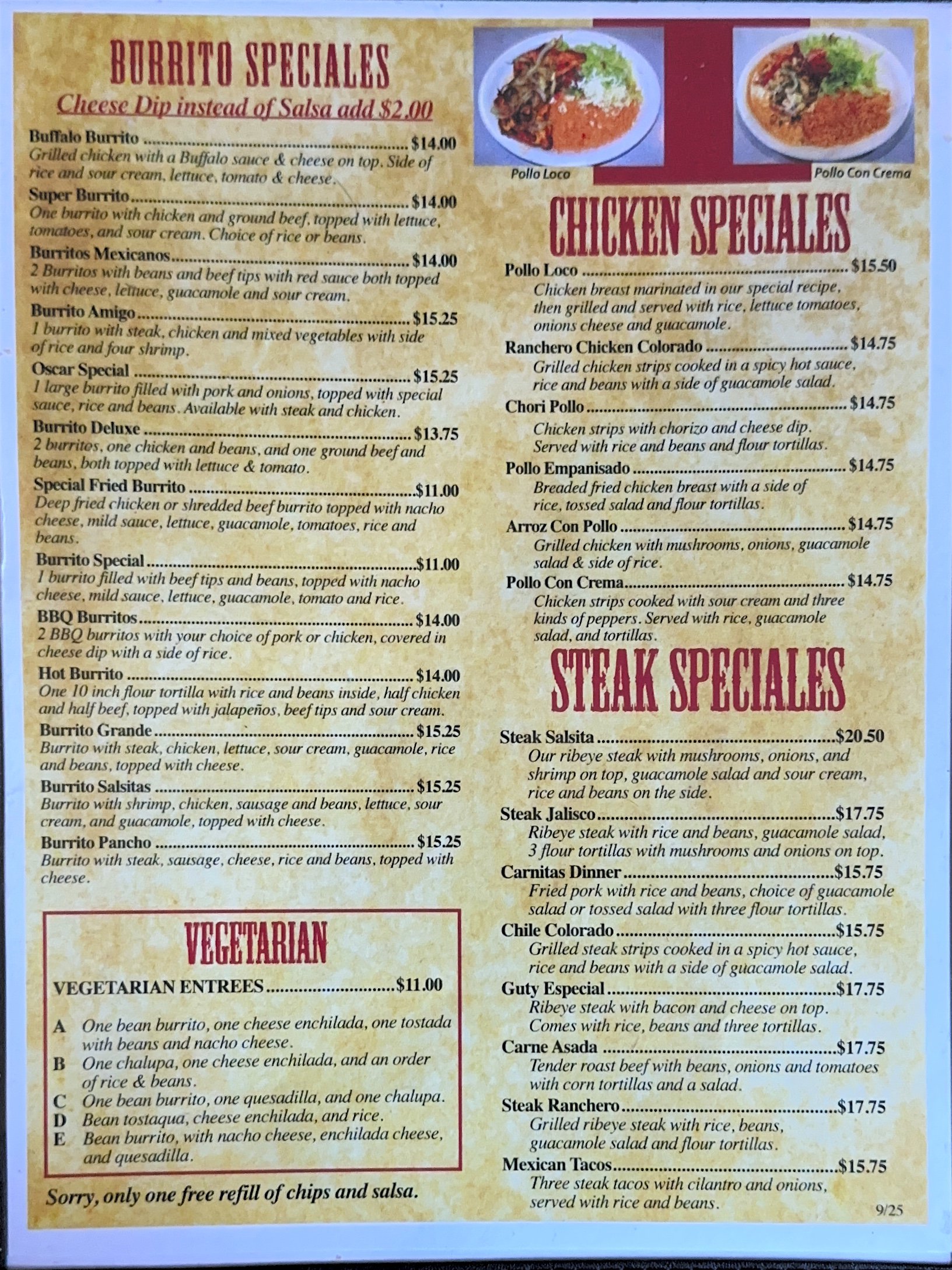 Menu page 3 — Combinations & Burritos